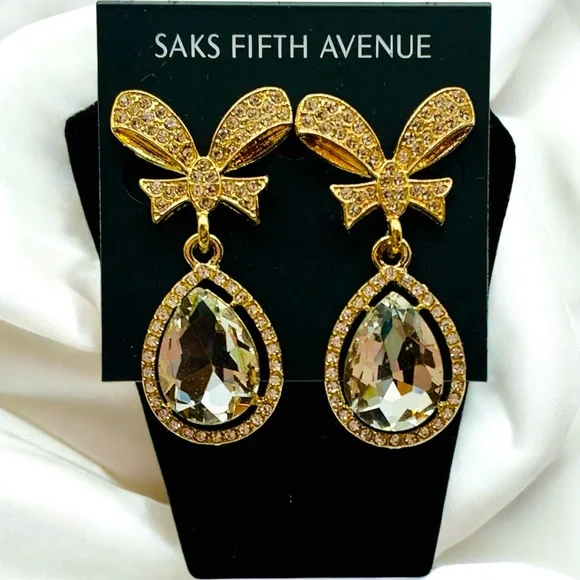 Saks Fifth Avenue Gold Plated & Clear Crystal Bow Knot Teardrop Costume Jewelry - Picture 2 of 3
